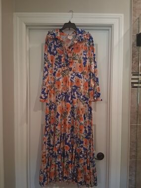 Zadie Bs Floral Ruffle Maxi Dress in Blue and Orange
